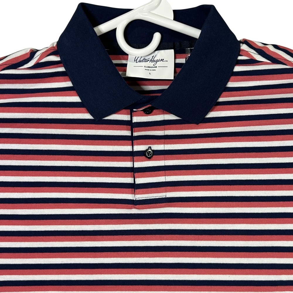 Walter‎ Hagen Clubhouse Stripe Pique Polo Shirt Men's Size L Pink Navy White